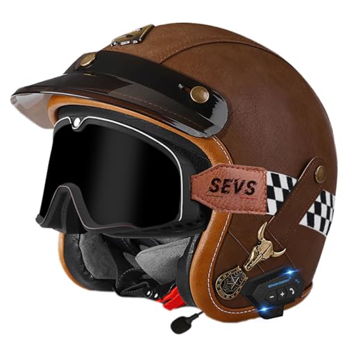 Motorradhelm Leder Bluetooth Jethelm Roller Helm Scooter Helm Moped Mofa Helm mit Brille DOT/ECE Zertifiziert Vintage Motorrad Jet Helm Roller Helm Für Männer Frauen 6,XL=61~62cm von Hejunlian