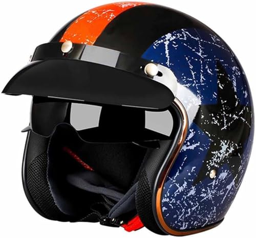 Retro Motorrad Motorradhelm Motorrad Jethelm 3/4 mit Visier ECE-Zertifiziert für Herren und Damen - Ideal für Moped Mofa Scooter und Roller Halbschalenhelm 6,L=59~60cm von Hejunlian