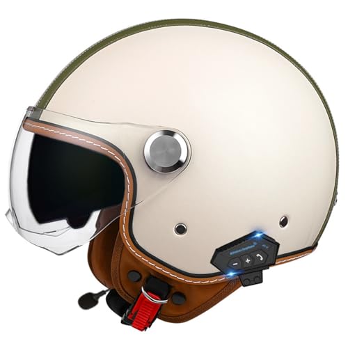 Vintage Deluxe Jet-Helm Bluetooth Motorrad-Helm Retro Helmet Rollerhelm Sturzhelm Mit Visier Sonnenblende ECE Genehmigt Mofa-Helm Scooter-Helm Für Erwachsene Männer Frauen 5,L=59~60cm von Hejunlian