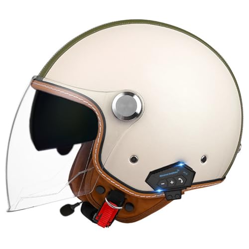 Vintage Deluxe Jet-Helm Bluetooth Motorrad-Helm Retro Helmet Rollerhelm Sturzhelm Mit Visier Sonnenblende ECE Genehmigt Mofa-Helm Scooter-Helm Für Erwachsene Männer Frauen 6,L=59~60cm von Hejunlian