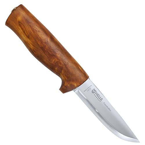 Helle Outdoormesser Fossekallen, rostfreier 3-Lagen-Stahl, Maserbirke-Griff, Fingerschutz, braune Lederscheide von Helle Norway