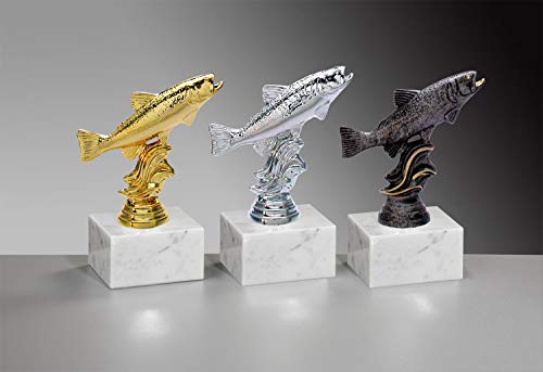 Henecka 🎣 Angler-Pokal, Angeln-Resin-Figur, Fisch-Trophäe, Forelle auf Marmorsockel, mit Wunschgravur, wählbar in 3 Farben (Silber) von Henecka