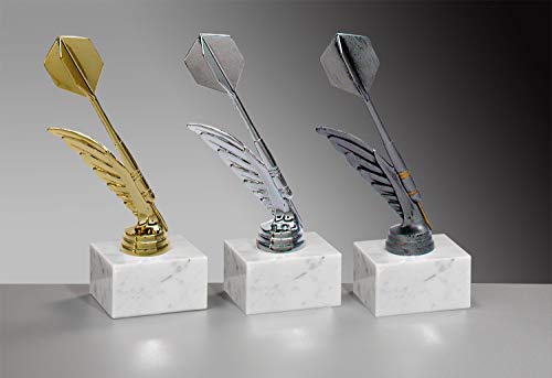 Henecka 🎯 Dart-Pokal, Dart-Trophäe, Dartpfeil-Figur auf Marmorsockel, mit Wunschgravur, wählbar in 3 Farben (Silber) von Henecka