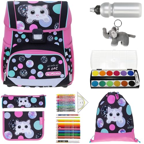 Herlitz Schulranzen Jungen Mädchen Tornister Kinder Ranzen Schultasche Schulmappe Schule leicht mit gefülltem Mäppchen Loop Plus, 8 Teile Set +efk v (Cute Cat 3088 (Katze)) von Herlitz