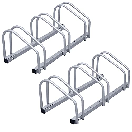 Herrselsam 2X Fahrradständer für 3 Fahrräder Platzsparend Mehrfachständer Radständer 35-55 mm Reifenbreiten Bodenständer Höhe 26CM silbrig Fahrradhalterung von Herrselsam