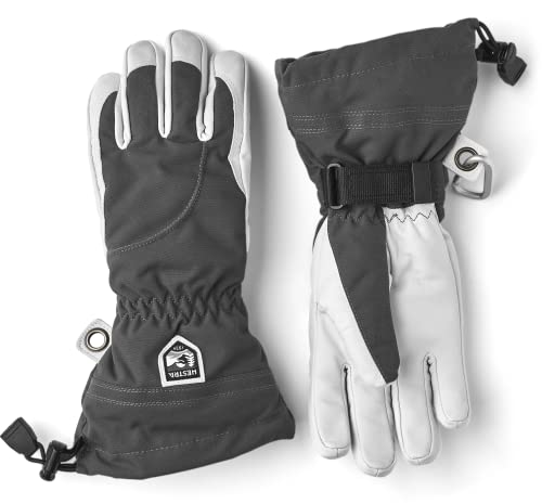 Hestra Heli Ski Damen-Handschuh, klassischer 5-Finger-Leder-Schneehandschuh zum Skifahren, Snowboarden und Bergsteigen (Damenpassform), Grau/Offwhite, Größe 7 von HESTRA