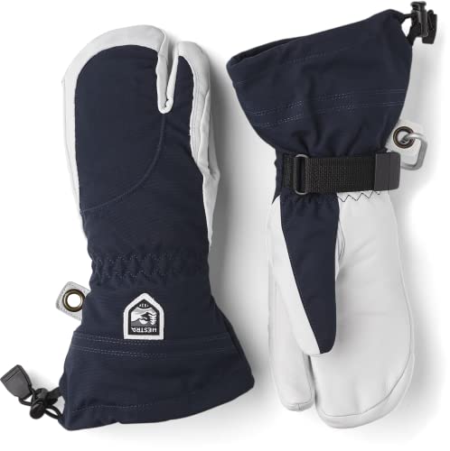 Hestra Heli Ski Damen-Handschuh, klassischer 3-Finger-Leder-Schneehandschuh zum Skifahren, Snowboarden und Bergsteigen (Damenpassform), Marineblau/Offwhite, Größe 7 von HESTRA