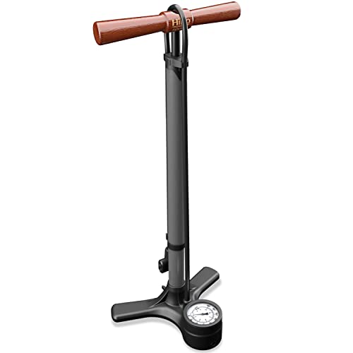 HiLo sports Standpumpe Fahrrad - [Passt für alle Ventile] - Fahrradluftpumpe mit Holz Griff - Standluftpumpe Fahrrad bis 11 Bar - Mit großem Manometer von HiLo sports