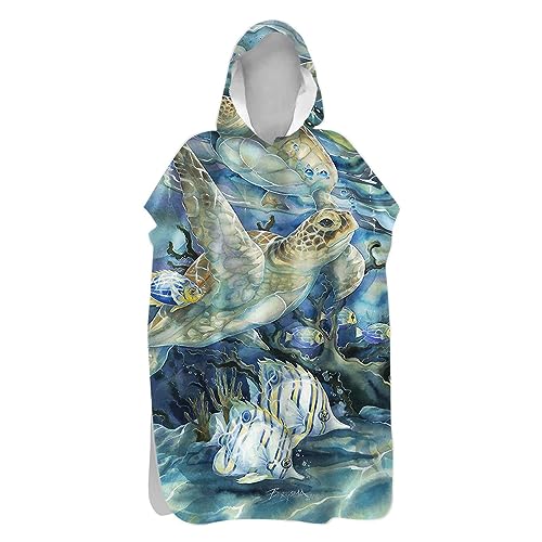 Highdi 3D-Muster Handtuch Surf Poncho mit Kapuze Erwachsene für Damen Herren Teenager, Badeponcho Handtuch Poncho aus Mikrofaser auch als Umkleidehilfe Strand (80x145cm,Meeresschildkröte) von Highdi