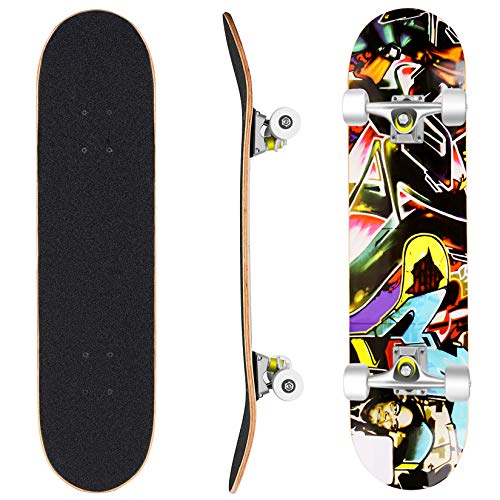 Hikole Skateboard – 78.7 x 20.3 cm komplettes Profi-Skateboard – Double Kick 7 Schichten kanadisches Ahornholz Erwachsene Tricks Skateboard für Anfänger von Hikole