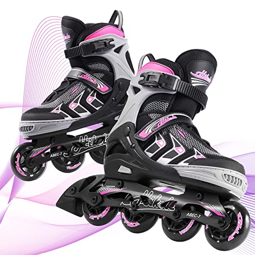 Hikole Verstellbare Inline-Skates für Erwachsene Frauen Männer Teens Inline-Rollschuhe für Outdoor Indoor-Klingen Rollschuhe für Mädchen und Jungen, 6065, Rosa, XL(EU 41-44) von Hikole