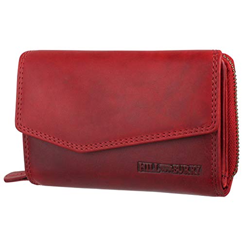 Hill Burry Damen Geldbörse Portemonnaie echt naturgegerbt Leder | Reißverschluss | praktisches Kleingeldfach | Brieftasche | Geldbeutel | Wallet | RFID Schutz Red von Hill Burry