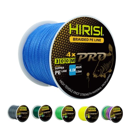 Hirisi Tackle Geflochtene Schnur zum Karpfenangeln (6,8 kg - 36,3 kg), 4 Stränge für reibungsloses Werfen, eine langlebige Angelausrüstung. (Blue-0.16MM-20LB) von Hirisi Tackle