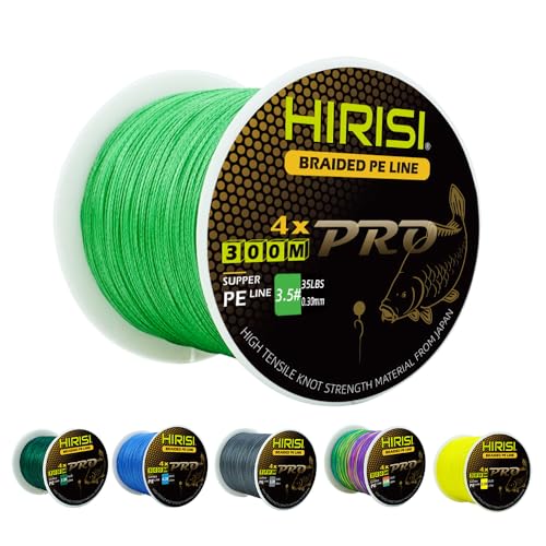 Hirisi Tackle Geflochtene Schnur zum Karpfenangeln (6,8 kg - 36,3 kg), 4 Stränge für reibungsloses Werfen, eine langlebige Angelausrüstung. (Grass Green-0.37MM-50LB) von Hirisi Tackle