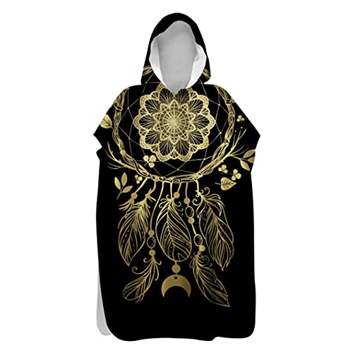 Hiseng Kinder Badeponcho Erwachsene Bademantel Mandala Badetuch Weich Mikrofaser Schnelltrocknend Surf Poncho Schwimmen Strand Poncho mit Kapuze (Golden,80x145cm) von Hiseng