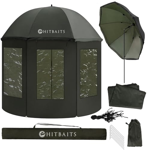 Hitbaits Angelschirm Wasserdichtes, Regenschirm Groß, Regenschirm Sturmfest, Angel Zubehör, Leicht Aufzubauen, Abnehmbar, Schnell Aufspannbar, Langlebig, mit Fenstern und Kappe Brechfähigkeit von Hitbaits