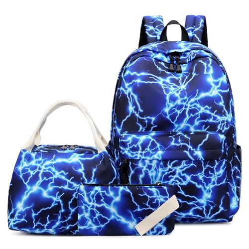 Hixingo Schulrucksack Mädchen Blitzmuster Teenager Damen Schultasche Rucksack Set, Schulranzen für Jungen Mädchen Schule Reise Freizeit mit Lunchpaket Tasche und Mäppchen (Blau) von Hixingo