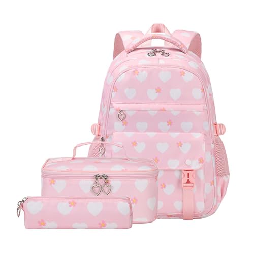 Hixingo Schulrucksack Mädchen Teenager Damen Schultasche Rucksack Set, Schulranzen für Jungen Mädchen Schule Reise Freizeit mit Lunchpaket Tasche und Mäppchen (Rosa Herz) von Hixingo