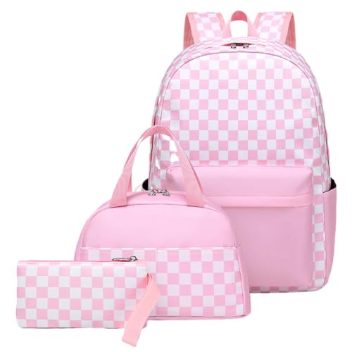 Hixingo Schulrucksack Mädchen Teenager Damen Schultasche Rucksack Set, Schulranzen für Jungen Mädchen Schule Reise Freizeit mit Lunchpaket Tasche und Mäppchen (Rosa kariert) von Hixingo