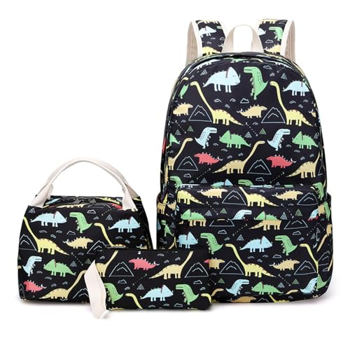 Hixingo Schulrucksack Mädchen Teenager Damen Schultasche Rucksack Set, Schulranzen für Jungen Mädchen Schule Reise Freizeit mit Lunchpaket Tasche und Mäppchen (Schwarzer Dinosaurier) von Hixingo