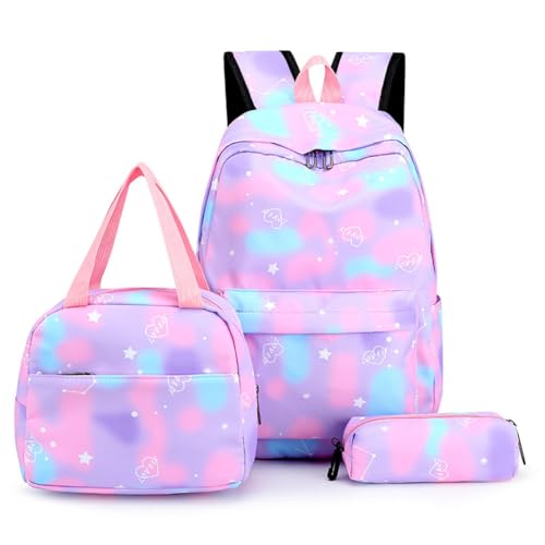 Hixingo Schulrucksack Mädchen Teenager Damen Schultasche Rucksack Set, Schulranzen für Jungen Mädchen Schule Reise Freizeit mit Lunchpaket Tasche und Mäppchen (Violett) von Hixingo