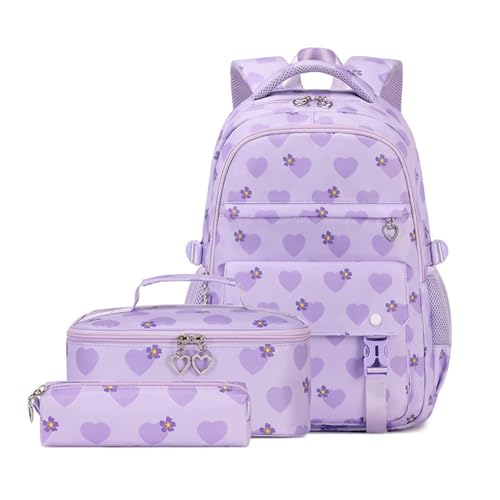 Hixingo Schulrucksack Mädchen Teenager Damen Schultasche Rucksack Set, Schulranzen für Jungen Mädchen Schule Reise Freizeit mit Lunchpaket Tasche und Mäppchen (Violette Herzen) von Hixingo