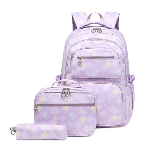 Hixingo Schulrucksack Mädchen Teenager Damen Schultasche Rucksack Set, Schulranzen für Jungen Mädchen Schule Reise Freizeit mit Lunchpaket Tasche und Mäppchen (Violettes Fisch-Muster) von Hixingo