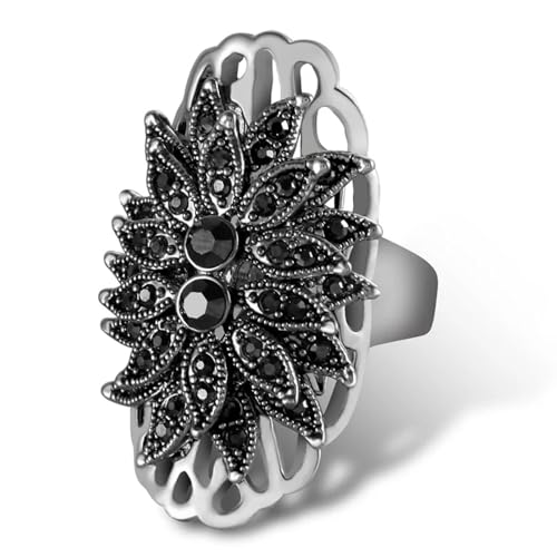 Hmsanase Ring Ringe Damen Bijouterie Herren Vintage Stil Übertrieben Große Ring Frauen Einzigartige Schwarze Kristall Blume Ringe 8 Platiniert von Hmsanase