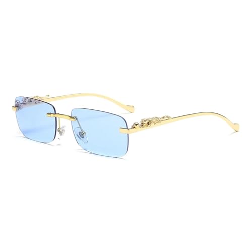 Sonnenbrille Herren Damen Unisex Classic Rimless Sunglasses Men Women Leopard Decoration Small Sun Glasses Frameless Driving Travelling Shades Blue von Hmsanase