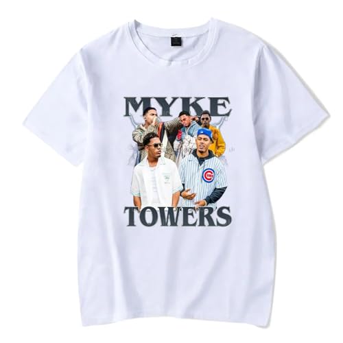 Myke Towers Merch Tour T-Shirt Rundhalsausschnitt Baumwolle T-Shirt Herren Damen Mode Lässige Pullover Unisex Übergroße Kurzarmhülse Hip Hop Retro Streetwear-White||XL von Hnswxw