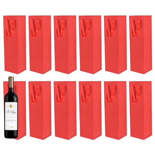 12 Stück Kraftpapier Einzel Weinflaschen Tasche, Kraft Weintragetaschen mit Griff, Wein Champagner Geschenktasche Tragetasche, Weintasche für Weihnachten Hochzeit Party Geburtstage (Rot) von HoaaiGo