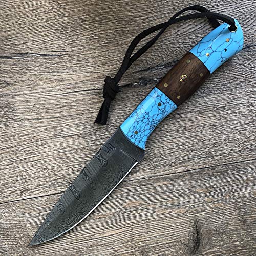 Hobby Hut HH-409, 24.13 cm handgemachte Bushcraft Damaskus Stahlmesser | Jagdmesser mit Lederscheide, Holz und Türkis Griff | Damastmesser Jagdmesser | Full Tang, Feste Klinge | Festehnde Messer von Hobby Hut