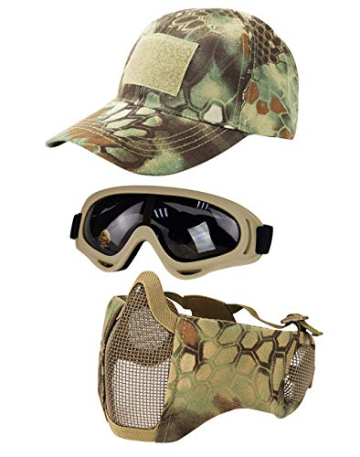 Hodeacc Taktische Airsoft-Maske, Baseballkappen-Set, verstellbare Halbgesichtsmaske mit Ohrenschutz, Airsoft-Brille, Augenschutz, Outdoor-Hut für Outdoor-Airsoft/BB/CS-Spiele, 3 Stück von Hodeacc