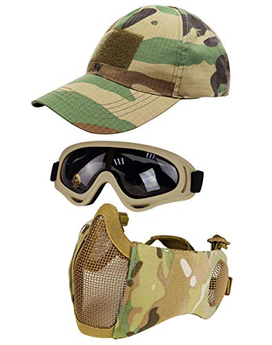 Hodeacc Taktische Airsoft-Maske, Baseballkappen-Set, verstellbare halbe Gesichtsmaske, mit Ohrenschutz, Airsoft-Brille, Augenschutz, Outdoor-Hut für Airsoft/BB/CS-Spiele, 3 Stück von Hodeacc