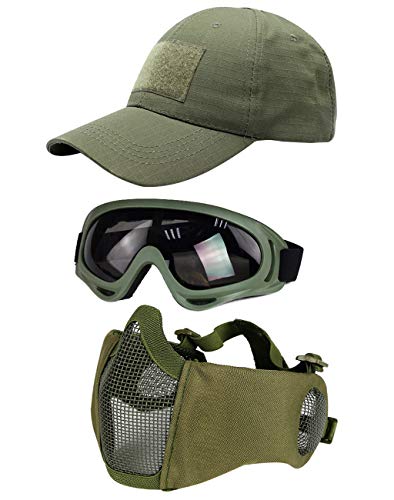 Hodeacc 3-teiliges taktisches Airsoft-Masken-Set, Baseballkappen-Set, verstellbare Halbgesichtsmaske mit Gehörschutz, Airsoft-Brille, Augenschutz, Outdoor-Hut für Outdoor-Airsoft/BB/CS-Spiel von Hodeacc