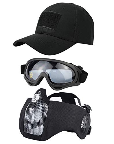 Hodeacc 3-teiliges taktisches Airsoft-Masken-Set, Baseballkappen-Set, verstellbare Halbgesichtsmaske mit Gehörschutz, Airsoft-Brille, Augenschutz, Outdoor-Hut für Outdoor-Airsoft/BB/CS-Spiel von Hodeacc