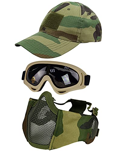 Hodeacc 3-teiliges taktisches Airsoft-Masken-Set, Baseballkappen-Set, verstellbare Halbgesichtsmaske mit Gehörschutz, Airsoft-Brille, Augenschutz, Outdoor-Hut für Outdoor-Airsoft/BB/CS-Spiel von Hodeacc