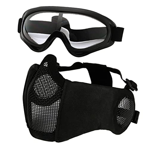 Hodeacc Airsoft-Maske und Schutzbrille, Halbgesichtsmaske aus Metall mit Ohrenschutz, Airsoft-Brille Augenschutz für Outdoor-Jagd, CS Spiel (schwarze Maske) von Hodeacc
