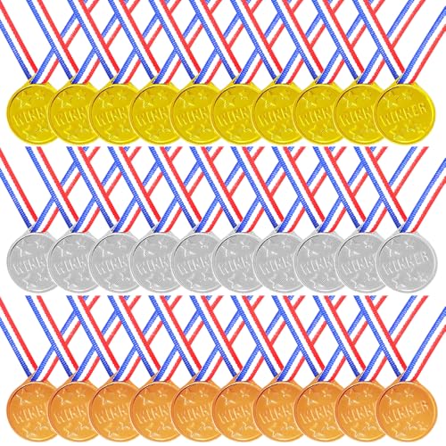 Hojalis 30 Stück Medaillen Kinder, Medaille Mit Gravur, Gold Silber Bronze Medaillen mit Bandhalskette, Medaillen Kindergeburtstag, Medaille Kinder für Mini-Spiele und Partygeschenken von Hojalis