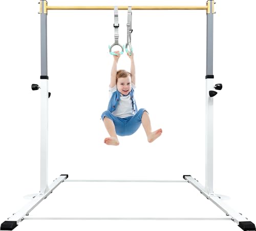 HomeSun Gymnastikstange für Kinder Robuste Kip Bar mit Ringen horizontale Turnstange Höhenverstellbar 90-150cm Trainingsgerät bis 100 kg einfache Montage (Turnstange, Weiß) von HomeSun