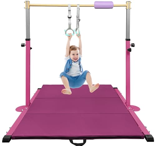 HomeSun Gymnastikstange für Kinder Robuste Kip Bar mit Ringen horizontale Turnstange Höhenverstellbar 90-150cm Trainingsgerät bis 100 kg einfache Montage (Turnstange mit Matte, Rosa) von HomeSun