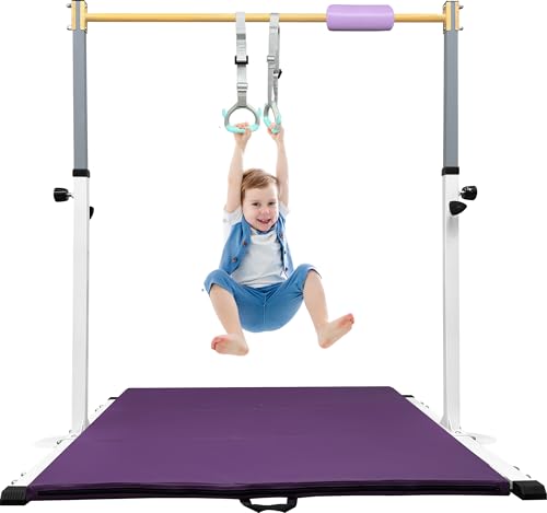 HomeSun Gymnastikstange für Kinder Robuste Kip Bar mit Ringen horizontale Turnstange Höhenverstellbar 90-150cm Trainingsgerät bis 100 kg einfache Montage (Turnstange mit Matte, Weiß) von HomeSun