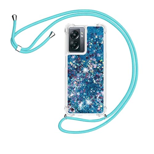 HomiTunky Handykette für Oppo A77 5G Hülle mit Band,Silikon Durchsichtig Transparent Flüssig Glitzer mit Kette Kordel Bumper Treibsand Necklace TPU Schutzhülle Case,Blau von HomiTunky