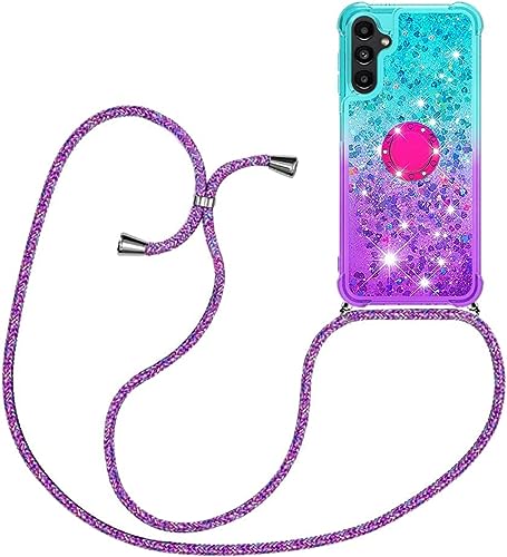 HomiTunky Handykette für Samsung Galaxy A14 5G Hülle mit Band,Silikon Durchsichtig Transparent Flüssig Glitzer mit Kette Kordel Bumper Treibsand Necklace TPU Schutzhülle Case,Blau-Lila von HomiTunky