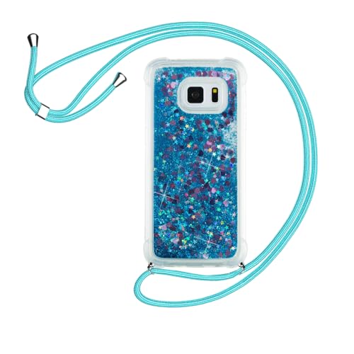 HomiTunky Handykette für Samsung Galaxy S7 Hülle mit Band,Silikon Durchsichtig Transparent Flüssig Glitzer mit Kette Kordel Bumper Treibsand Necklace TPU Schutzhülle Case,Blau von HomiTunky