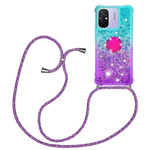 HomiTunky Handykette für Xiaomi Redmi 12C Hülle mit Band,Silikon Durchsichtig Transparent Flüssig Glitzer mit Kette Kordel Bumper Treibsand Necklace TPU Schutzhülle Case,Blau-Lila von HomiTunky