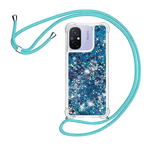 HomiTunky Handykette für Xiaomi Redmi 12C Hülle mit Band,Silikon Durchsichtig Transparent Flüssig Glitzer mit Kette Kordel Bumper Treibsand Necklace TPU Schutzhülle Case,Blau von HomiTunky