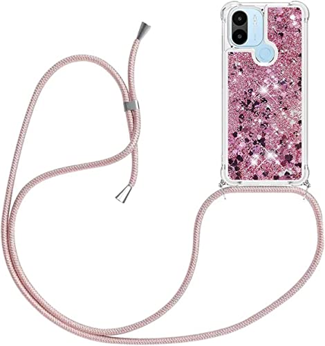 HomiTunky Handykette für Xiaomi Redmi A1 Hülle mit Band,Silikon Durchsichtig Transparent Flüssig Glitzer mit Kette Kordel Bumper Treibsand Necklace TPU Schutzhülle Case,Rosa von HomiTunky