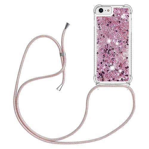 HomiTunky Handykette für iPhone 7/8/SE 2020 Hülle mit Band,Silikon Durchsichtig Transparent Flüssig Glitzer mit Kette Kordel Bumper Treibsand Necklace TPU Schutzhülle Case,Rosa von HomiTunky