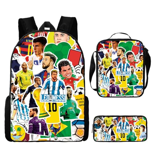 3Pcs of Set Bookbags Mädchen Kinder Schulrucksack Messi Neymar Mbappe Cristiano Ronaldo Schultasche 3D Gedruckt Fußballspieler Schultasche Für Kinder Grundschule Und Mittelschule Schüler 17Inch,14 von Hongtaidect